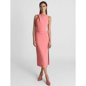 Reiss Imogen Sleeveless Ruched Midi Dress 8 Pink Wedding Guest Special Occasion